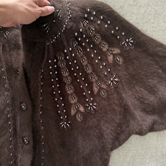 𝅺Vintage Super Soft Angora Cardigan Medium Fluffy Brown Womens Beaded Sweater - Picture 7 of 11